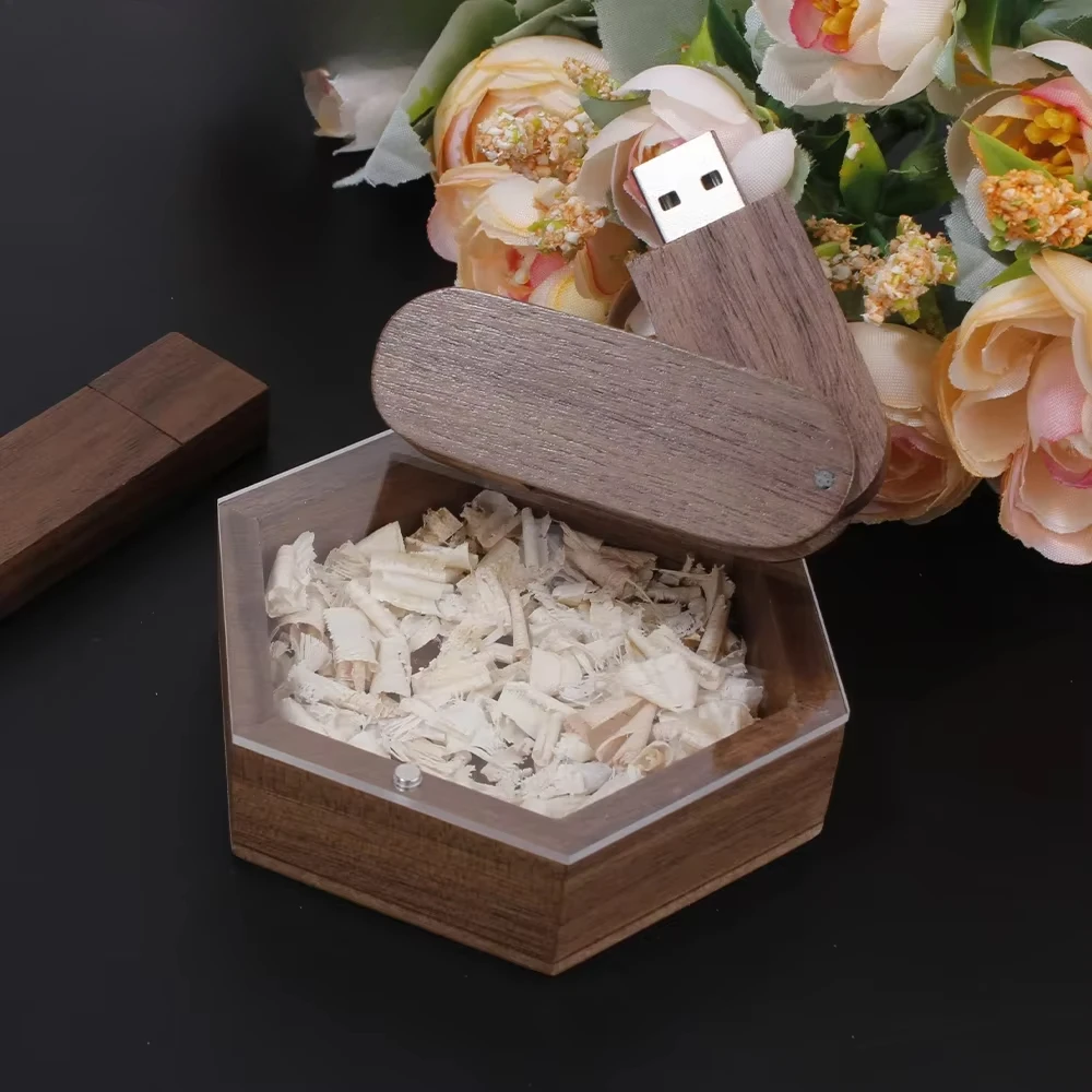 USB Flash Drives Wedding Photography Wooden Memory Stick Free Engraving Creative Hexagon Box Multi Style Pen Drive