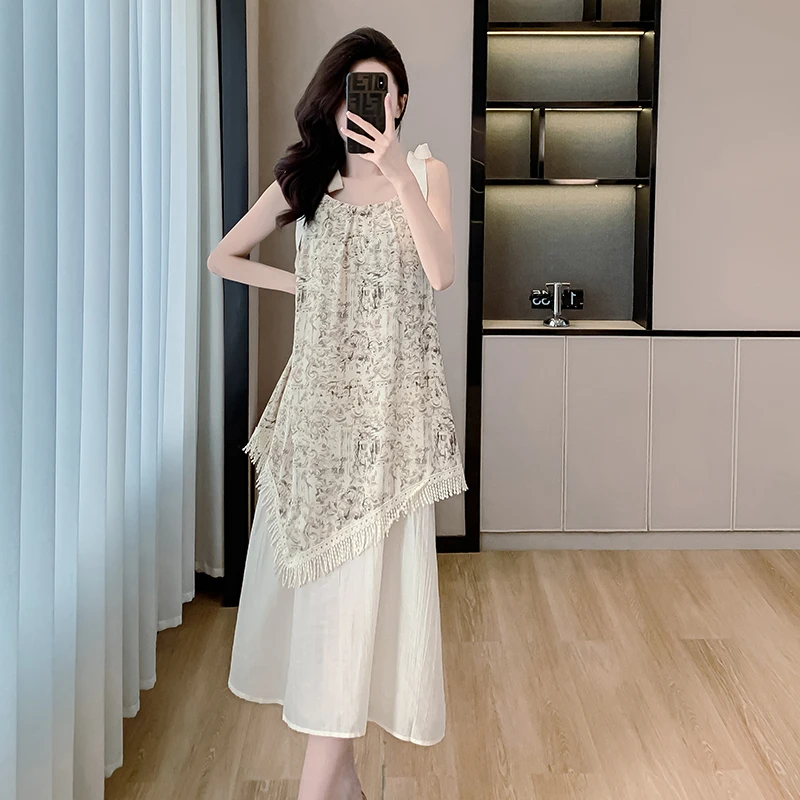 우아한 루즈핏 환상 탱크 드레스 투피스 세트 여성 여름 2024 새로운 스타일 캐주얼 a 라인 스커트 연령 감소