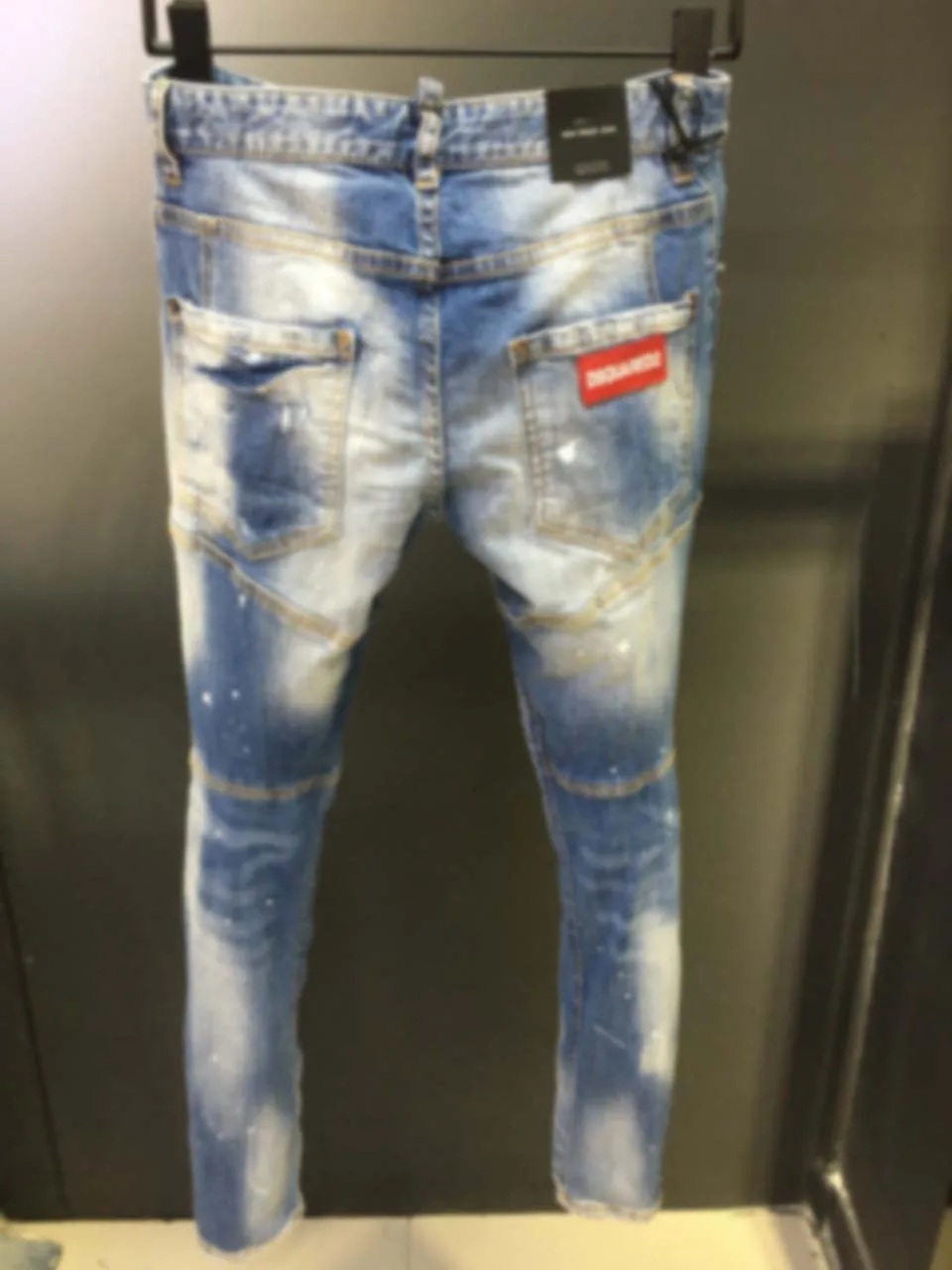 2024 Spring/Summer New Trendy Men's Water Wash Worn Hole Patch Paint 3D Cutting Small Feet Blue D2 Jeans for Men