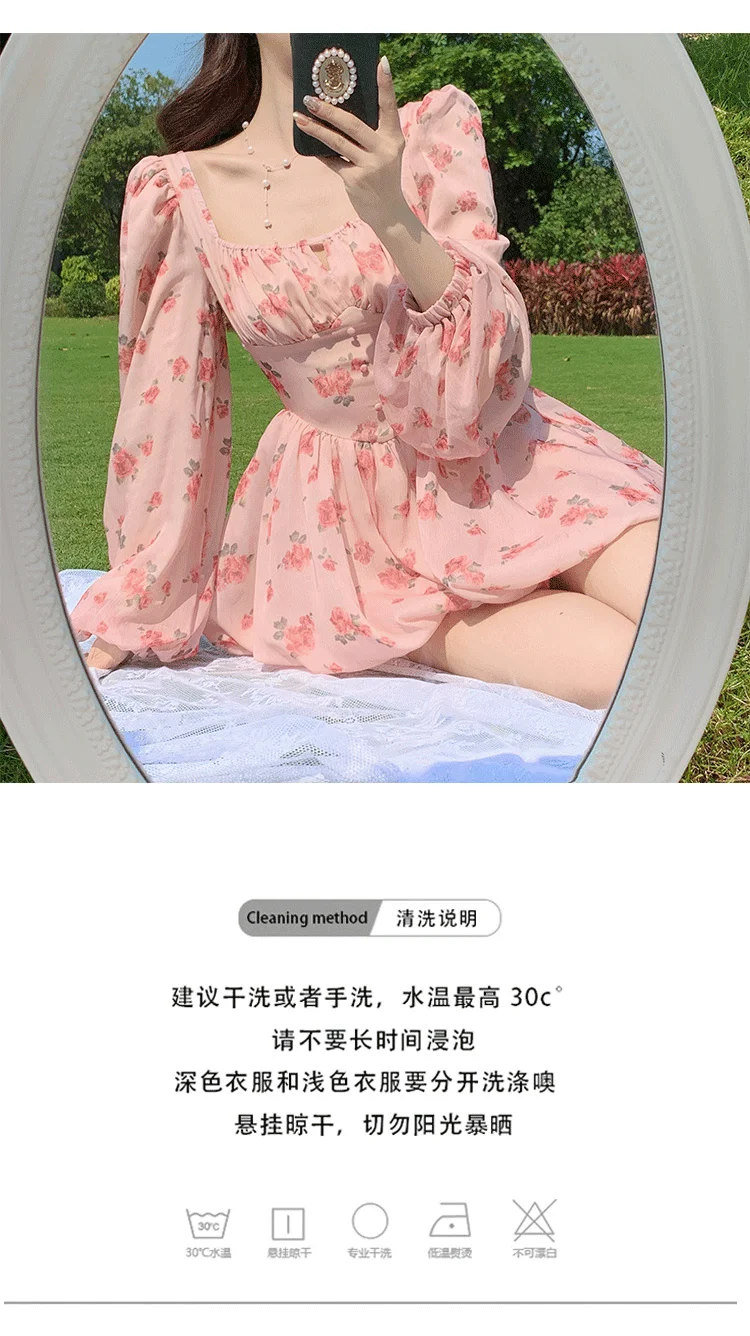 Vintage Floral Mini Chiffon Dress Korean Women 2023Spring