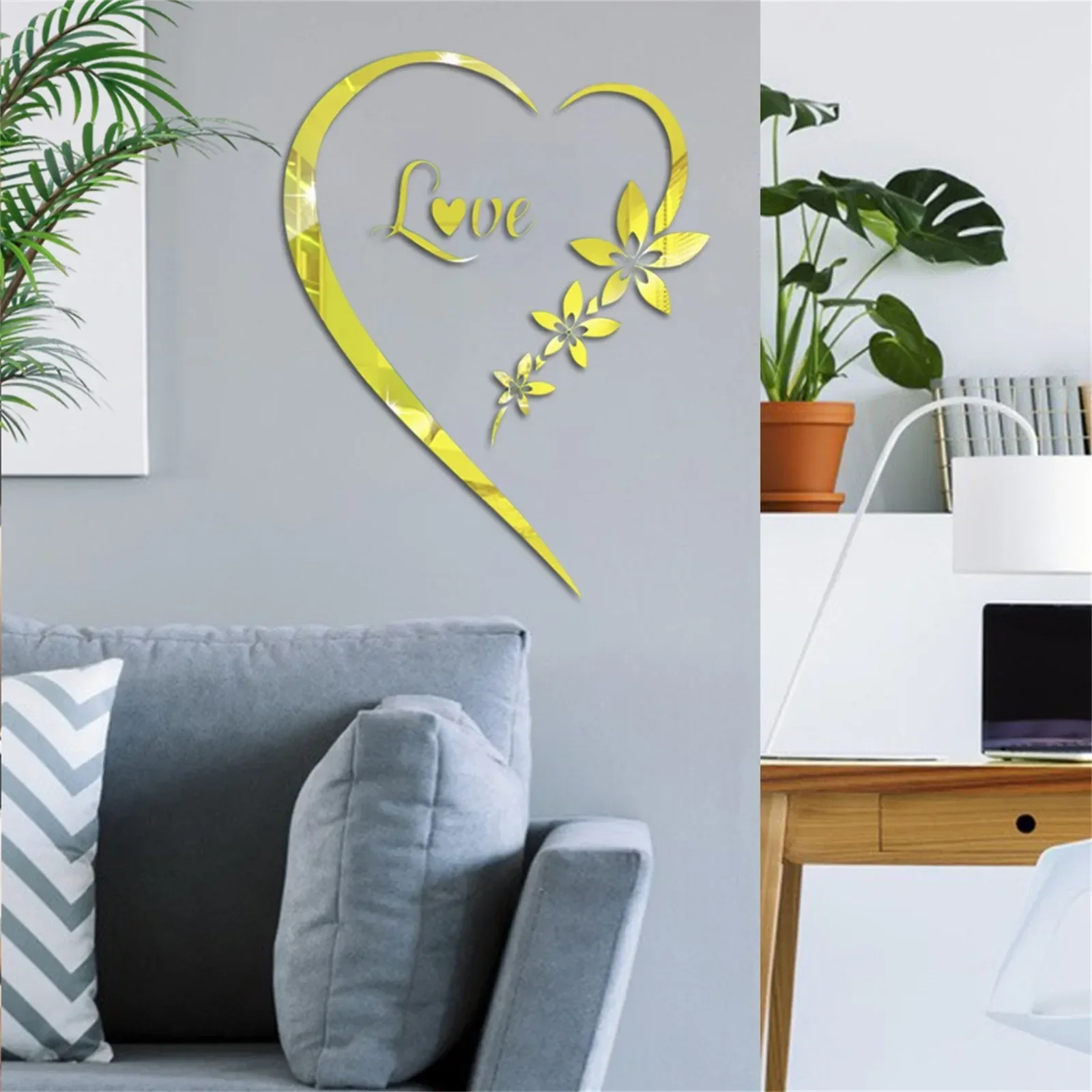 3D LOVE Acrylic Mirror Wall Sticker Heart-Shaped Reflective Self-Adhesive Bedroom Living Room TV Background Home Decoration