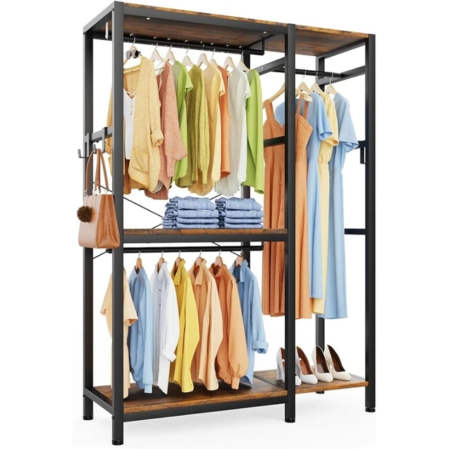 Free Standing closet organizer Heavy Duty clothes closet garment iron and  wood Wardrobe with rod clothing