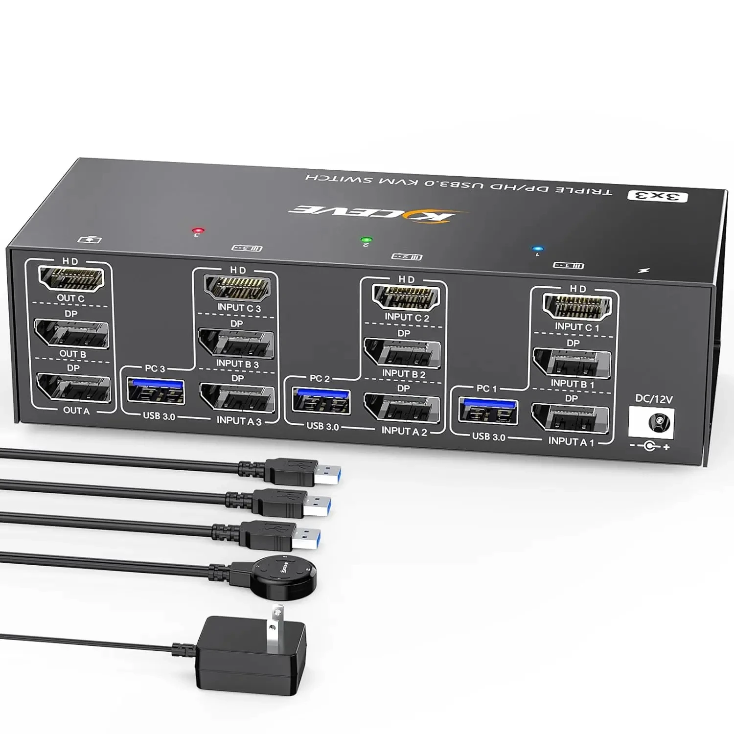 

2024NEW KCEVE HDMI USB 3.0 KVM Switch 3 Monitors 3 Computers 8K@60Hz 4K@144Hz Triple Monitor KVM with 4 USB 3.0 Ports KVM Triple