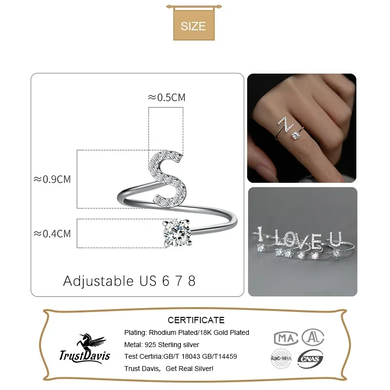 Women Wedding Party Jewelry 26 Letter Clear CZ Opening Silver Rings for silver rings