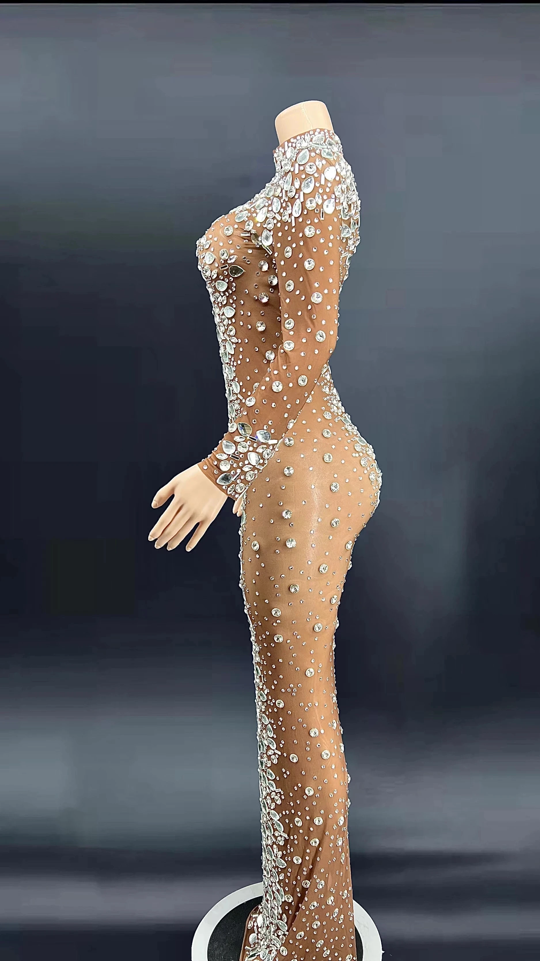 SeCrystals Stage Singer Host Mesh Dress Luxury Wedding Party Costume Birthday Outfit  Rhinestones Nude Transparent longth Dress