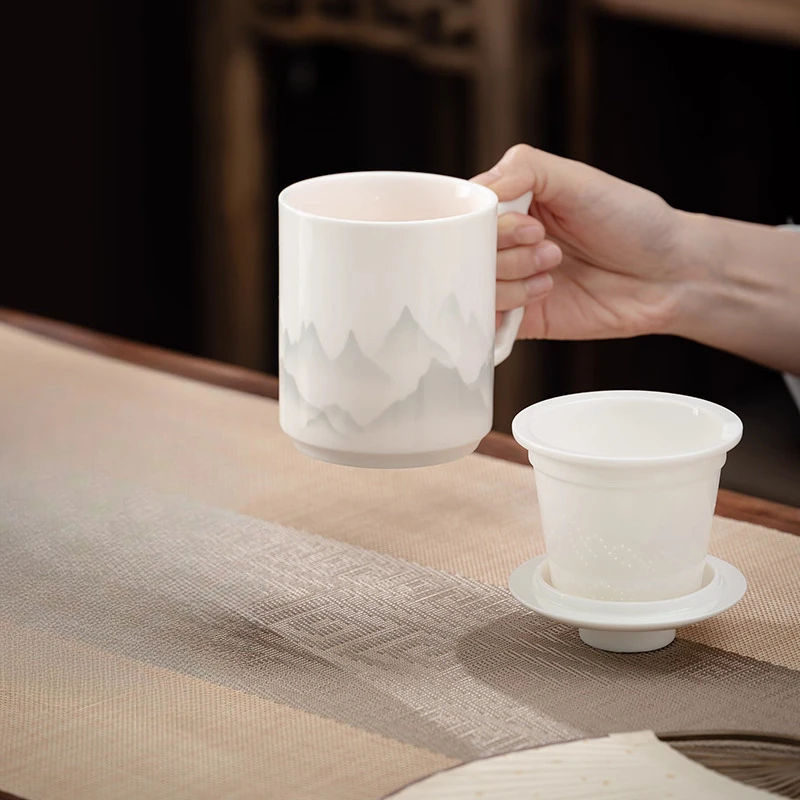 Chinese Style Tea Filtering and Separation Cups, With Cover White Porcelain Personal Mug, Home Drinkware Ceramic Office Cup, 1Pc
