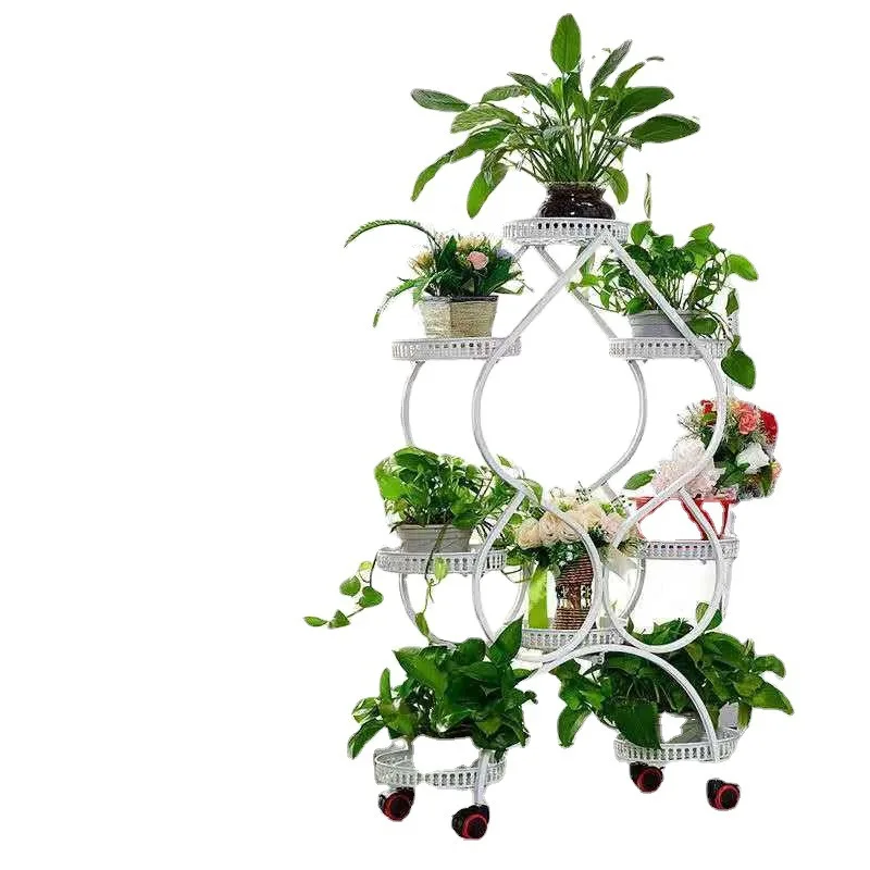 9 Pots 130cm High Movable Flower Stand Wrought Iron Multi-layer Wheeled Shelf for Balcony
