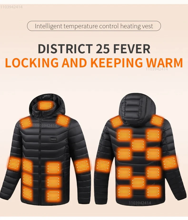 Description Picture 6 of item21 Areas Heated Jacket Men Warm Vest USB Self Heating Jacket Women Heated Coat Ski Camping Hiking Winter Cotton Clothes Washed