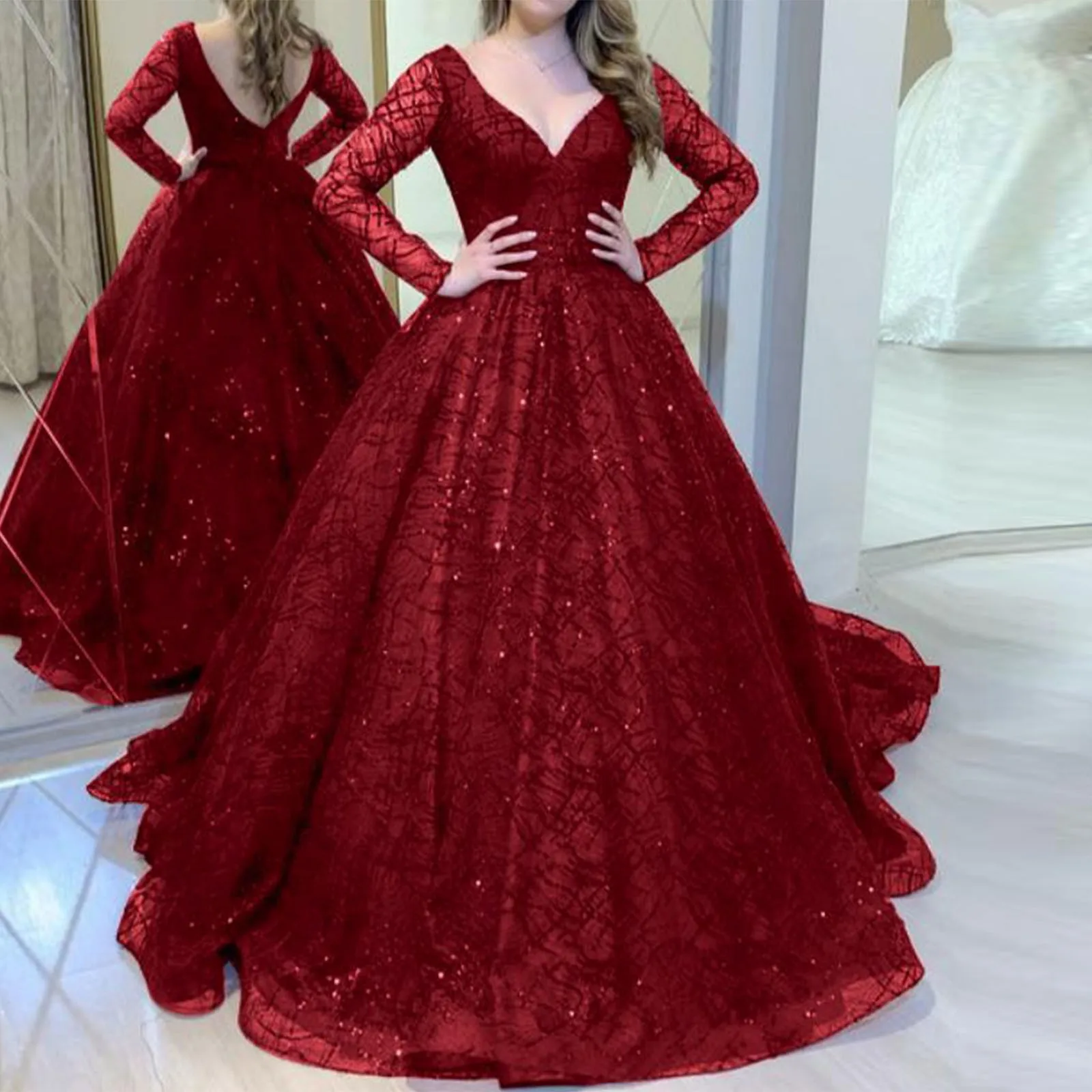 

Dresses For Women Winter Sequins Long Sleeve Beaded V Neck Large Long Swing Dress Elegant Evening Party Dresses Vestidos