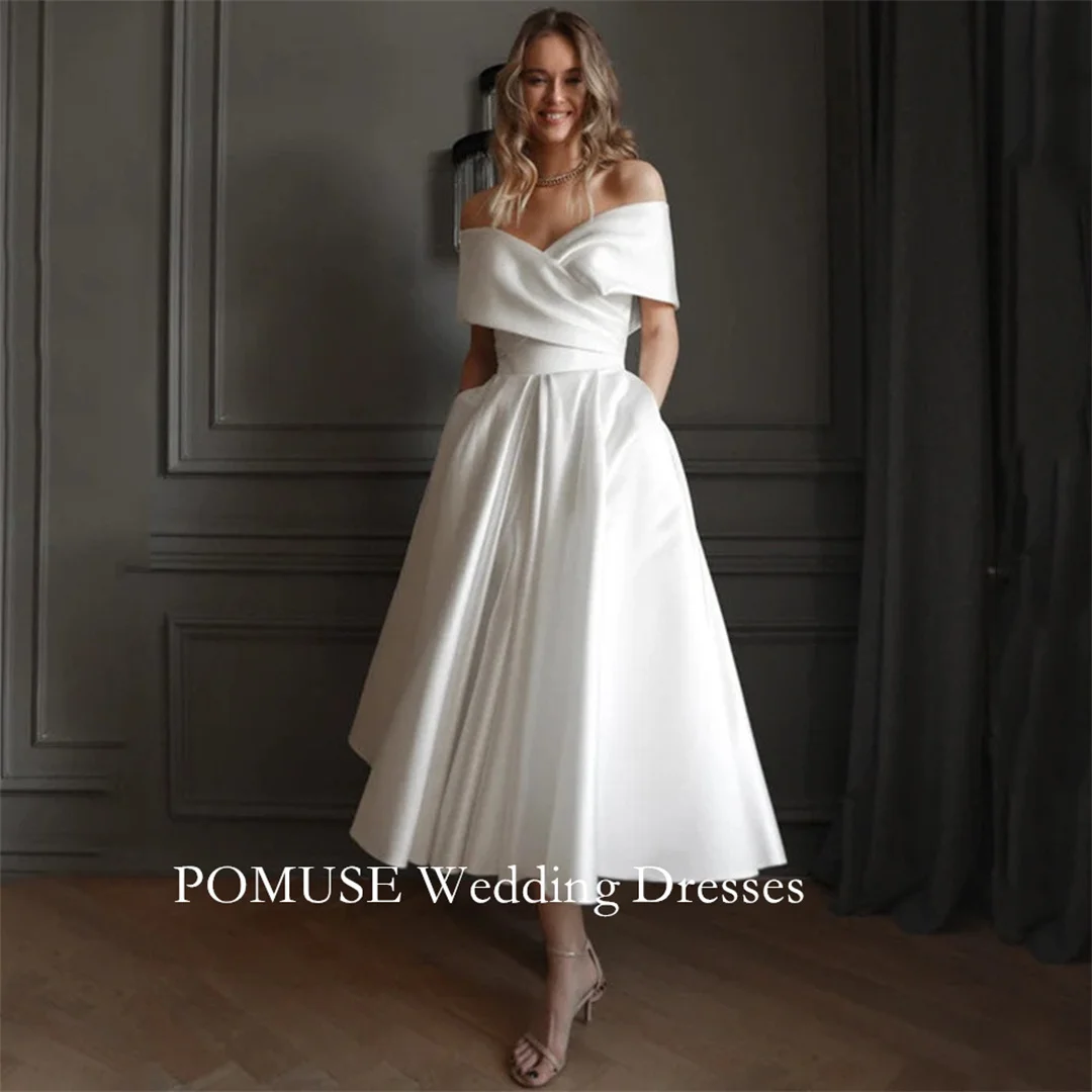 

POMUSE Off shoulder Civil Wedding Dresses Engagement Midi Calf Short Wedding Bride Gown Custom Made Vestido De Novia for Women