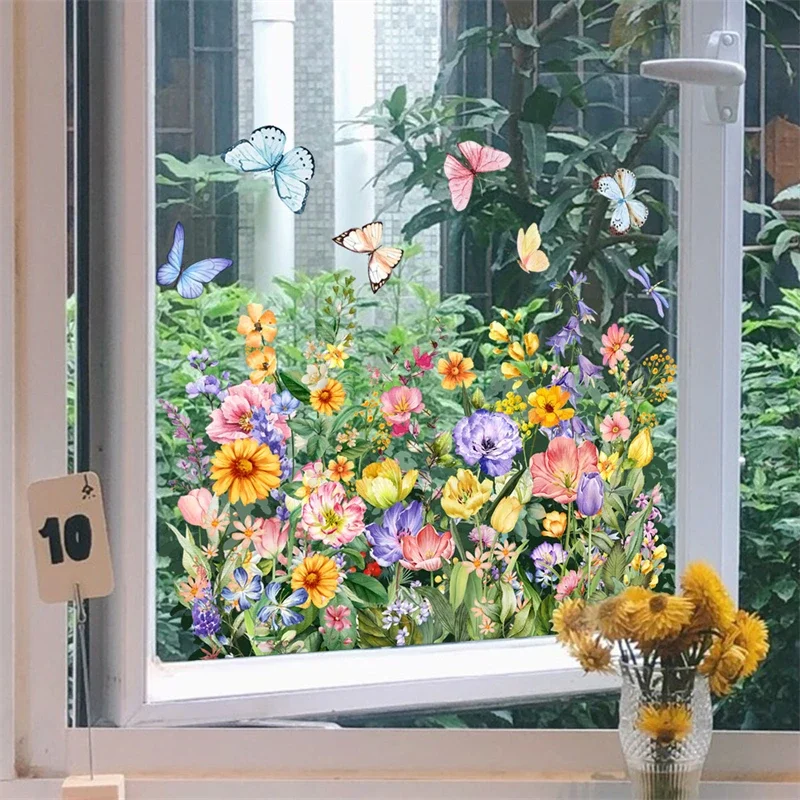 Window Stickers 1PC Butterfly Flowers Electrostatic Double-sided Window Glass Decal Plant Floral Wall Stickers