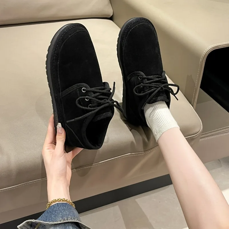 2023 Hot Sale Shoes for Women Lace Up Women's Boots Winter Plush Warm Round Toe Flock Ankle Boots Low-heeled Casual Snow Boots