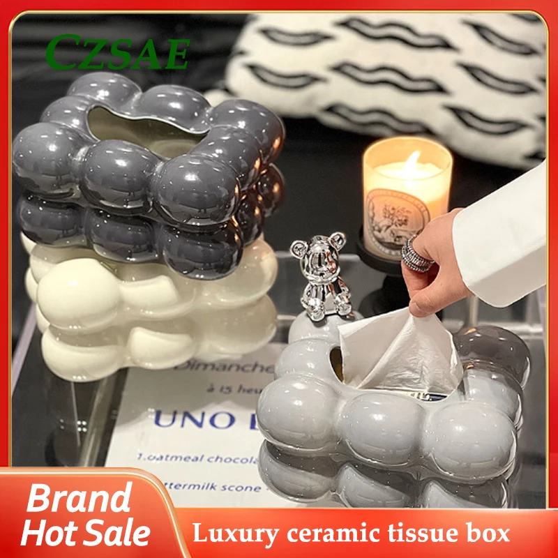 

Luxury Ceramic Tissue Box Cotton Candy Cream Tissue Holder Home Living Room Dining Room Creative Table Bear Storage Box