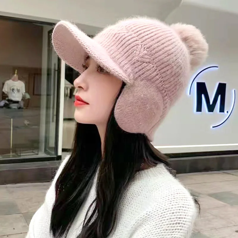 여성용 두꺼운 벨벳 오리 혀 니트 울 모자, 야외 사이클링 귀 보호 야구 모자, 폼폼 따뜻한 피크 캡, 겨울