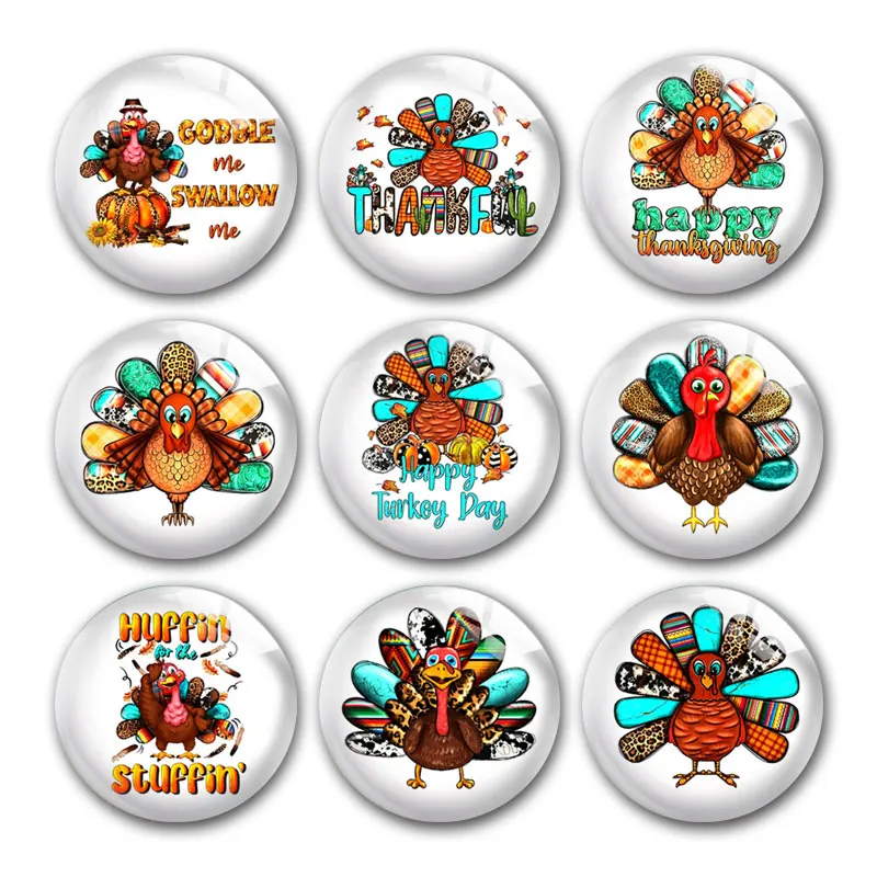 

Thanksgiving Gobble Happy Turkey Thankful Fall Round Photo Glass Cabochon Demo Flat Back DIY Jewelry Making Supplies Snap Button