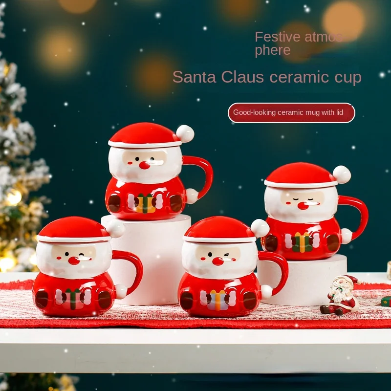 

Creative cartoon Santa Claus ceramic cup Cute water cup with lid spoon with hand gift mark cup coffee cup