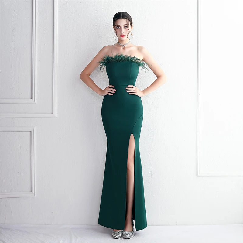 

DongCMYWomen Elegant Off Shoulder Feather Luxury Simple Green Color Evening Party Prom Dresses Long Dresses Mopping Sexy 2024