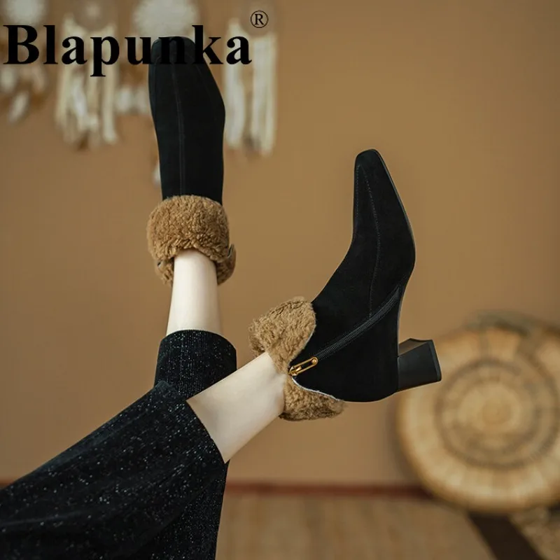 

Женские замшевые ботинки Blapunka, черные теплые ботинки из натуральной овечьей шерсти на квадратном каблуке, на молнии, зима 2024