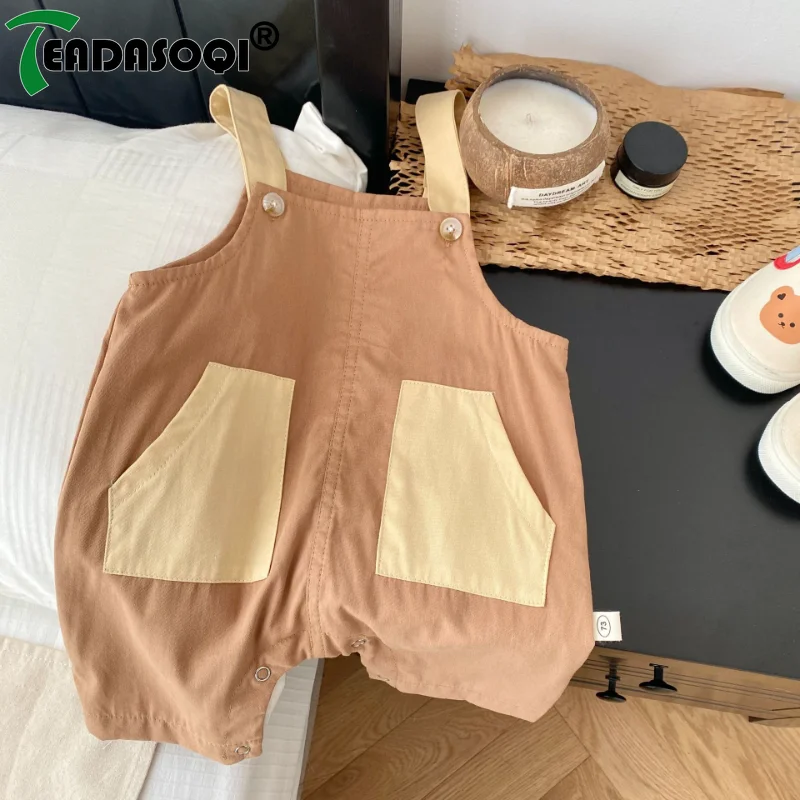Newborn Infant 0-3Y Toddler Kids Baby Boys Girls Suspender Trousers Patchwork Color Blocking Cotton Pockets Overalls Rompers