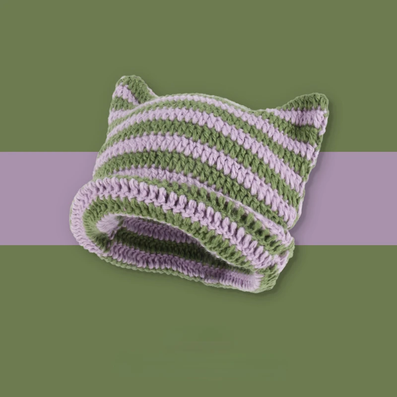 Knitted Beanie Hat Little Devil Striped Cat Ears Pointed Pullover Women's Autumn and Winter
