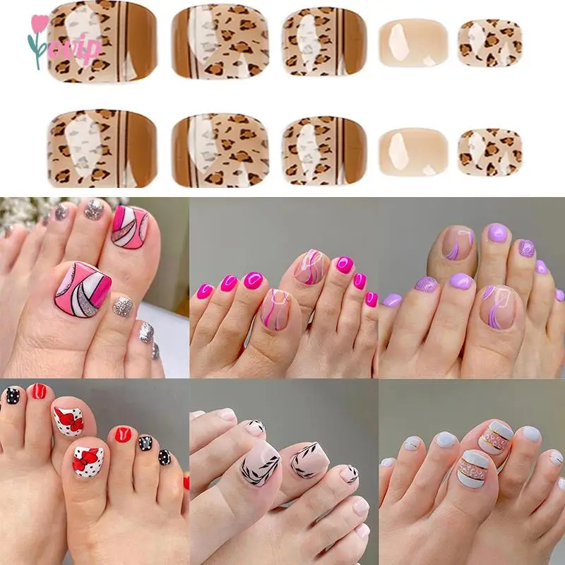 

24Pcs/Box Fake Toenails With Glue French Line Glitter False Toe Nails Art Detachable Press On Toenails Acrylic Manicure Toe Tips