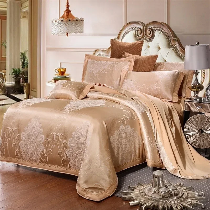 

Full Queen 4Pcs Embroidery Satin Jacquard Paisley Gold Luxury Bedding Set Silky Soft Comforter Cover Bed Sheet set Pillowcases