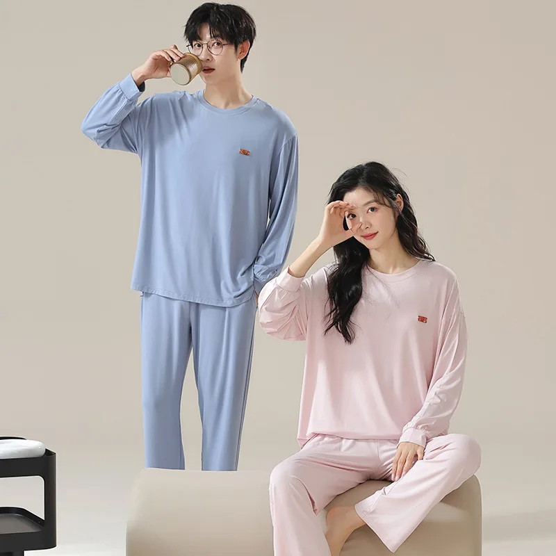 

Spring Modal Pajamas Set Couple Home Clothes Women Sleeping Man Nightgown Sleepwear Pijamas Solid Color pijamas para parejas