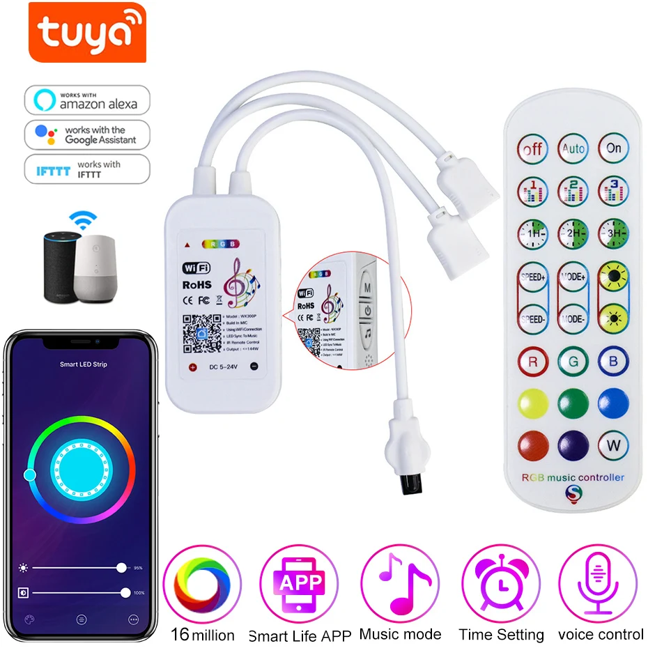 Rgb Controller Smart Tuya Wifi Bluetooth Infrarood Controller Met Afstandsbediening Voor 12V 24V Rgb Led Strip Neon Light Tape