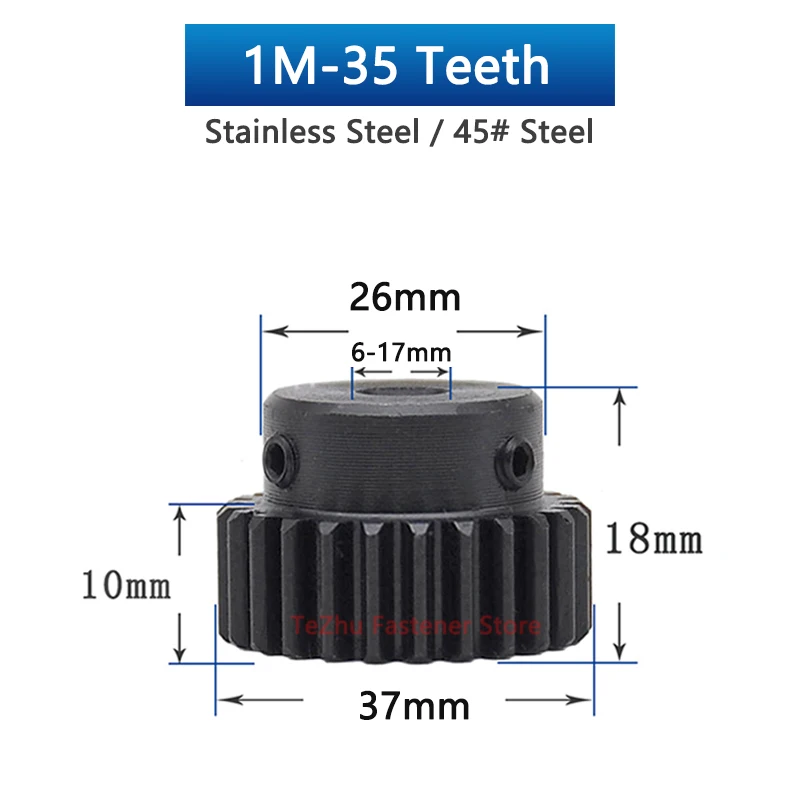 Description Picture 3 of item1pc 35 Teeth 1M Spur Gear 1 Module 35T Stainless / 45# Steel Motor Metal Gears with Step Bore 6 6.35 7 8 10 12 12.7 14 15 - 17mm