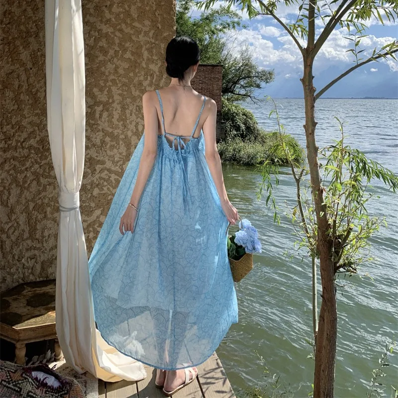 

Summer Vintage Print Chiffon Midi Sundress Elegant Women Casual Boho Beach Dress Party Sleeveless One Piece Clothing Vestidos