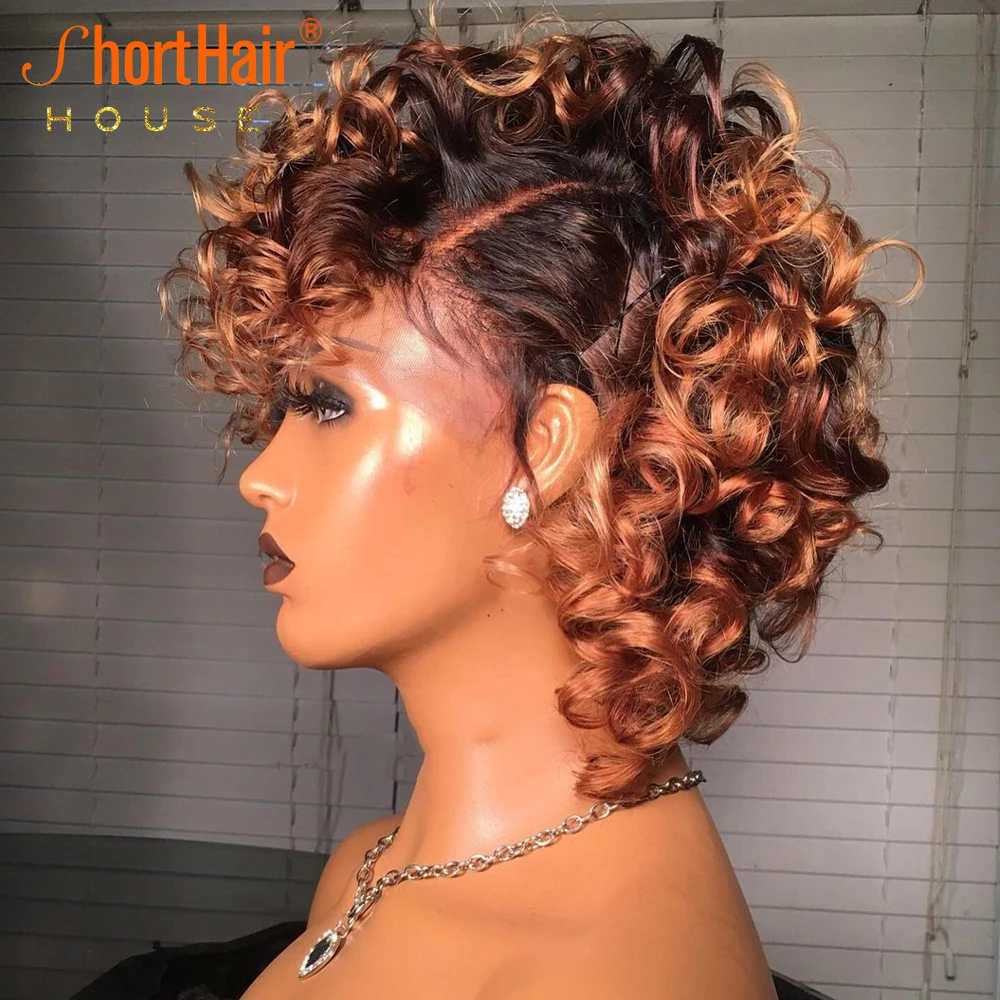 1B 30 Color Short Bob Curly Pixie 13x4 Lace Front Human Hair Wigs Brazilian Loose Curl Copper Blonde Pixie Wigs Side Part Hair