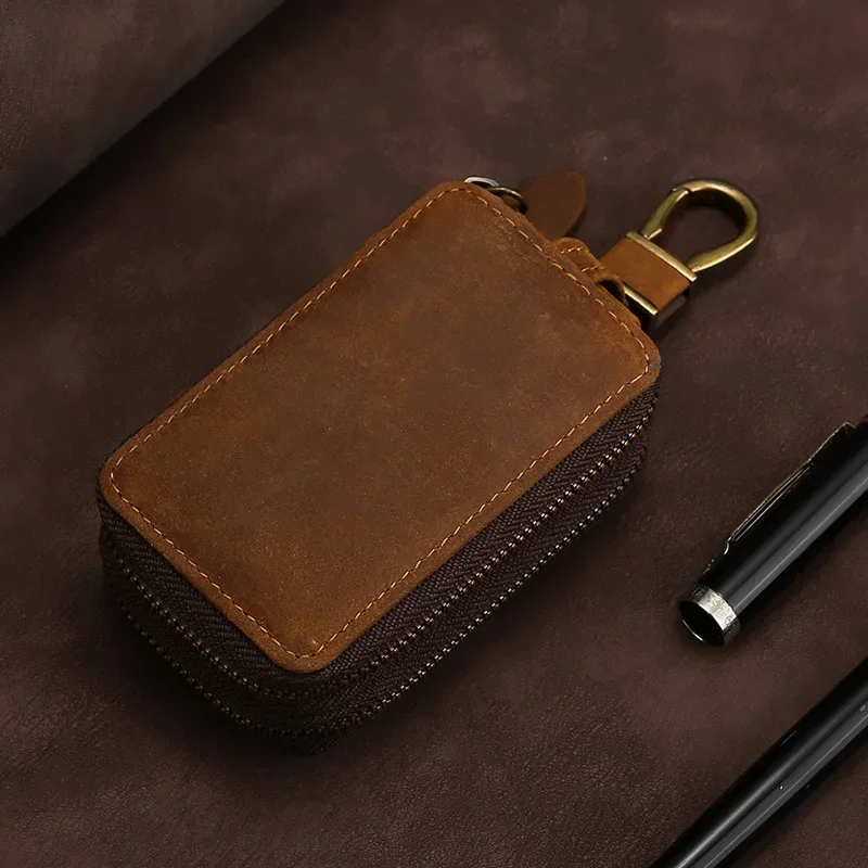 Premium Genuine Leather Double Zipper Car Key Pouch and Wallet Organizer