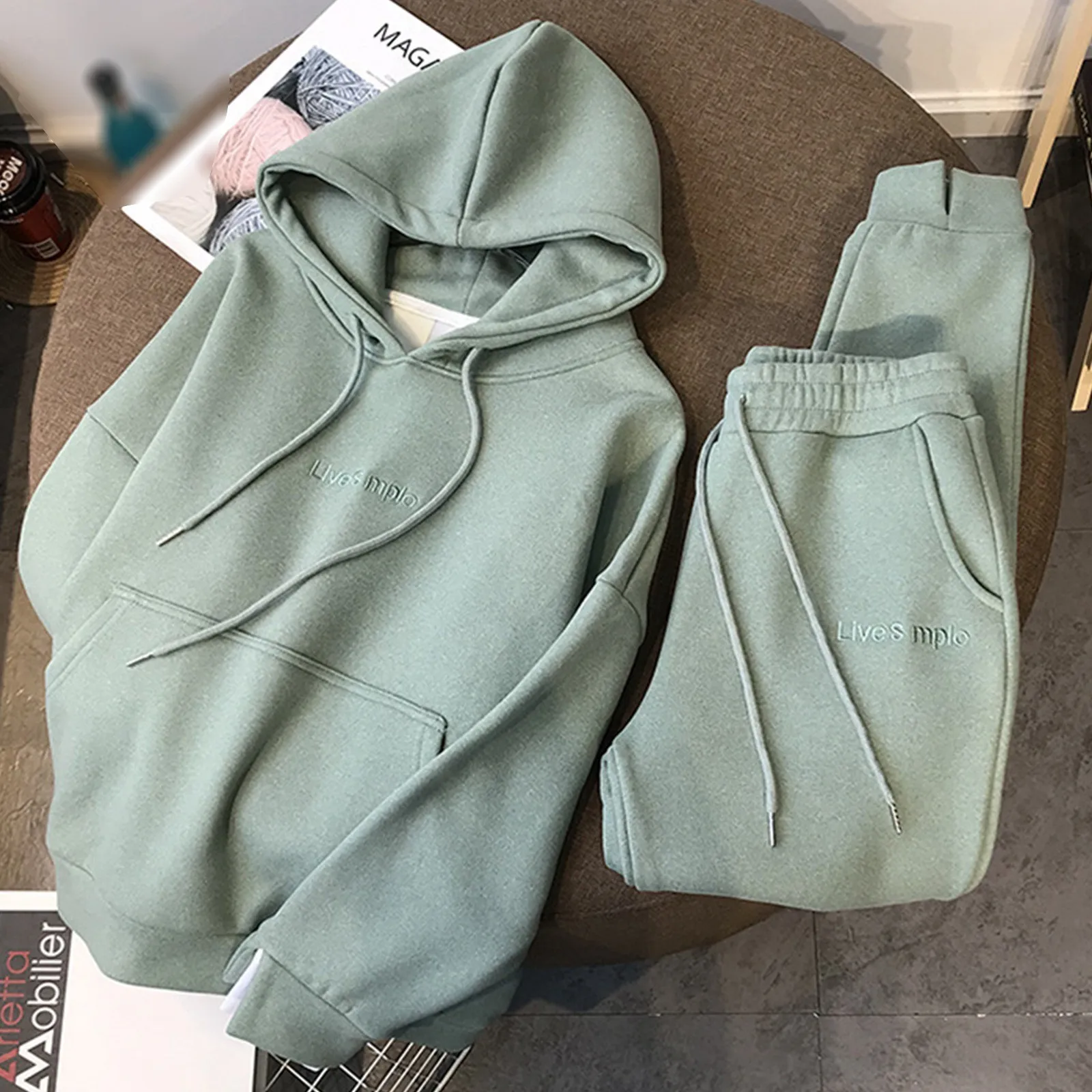 Women'S Hoodies Solid Color Thickened Hooded Sweatsuit With Fit Jogger Pants Set Oversize Hoody Sweatshirts Suit Y2k Pullovers