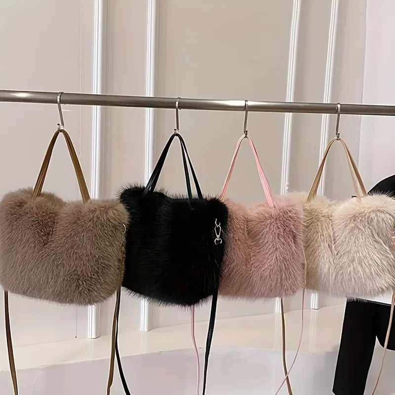 Chic Faux Fur Handbag with Detachable Strap Casual & Formal Occasions Women's Tote Bag, Stylish Fur Plush Shoulder Crossbody Bag