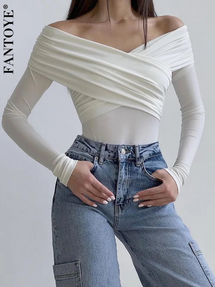 

Fantoye Sexy Off Shoulder Ruched Women Bodysuit White Long Sleeve High Waist Playsuit Female Bodycon Casual Elegant Streetwear