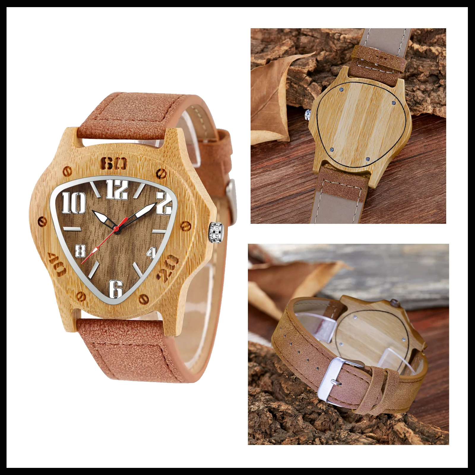 Men's Wooden Quartz Wristwatches, Fashion Brown Triangle Dial Strap Wooden Watches for Men-Brown,bracelet