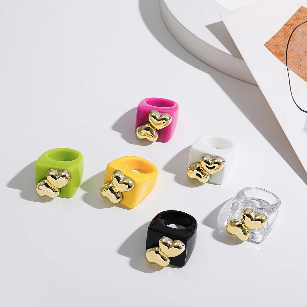 Gold Color Heart Geometric Square Ring Candy Color Resin Acrylic Big Rings For Women Girls gold color rings gold color ring finger ring