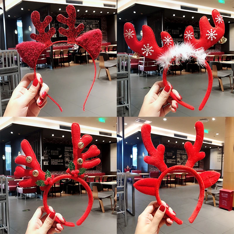 

1pcChristmas Headwear Big Red Antler Snowman Bell Plush Ball Hair Bands For Adults Children Christmas Decorations Hair Hoop Gift