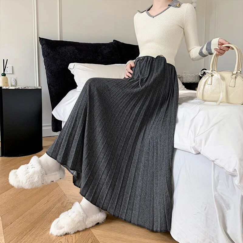 C72094# Maternity Skirt A Line Pleated Design Skirts Korean Style Maxi Dress Midi Pregnancy Skirt