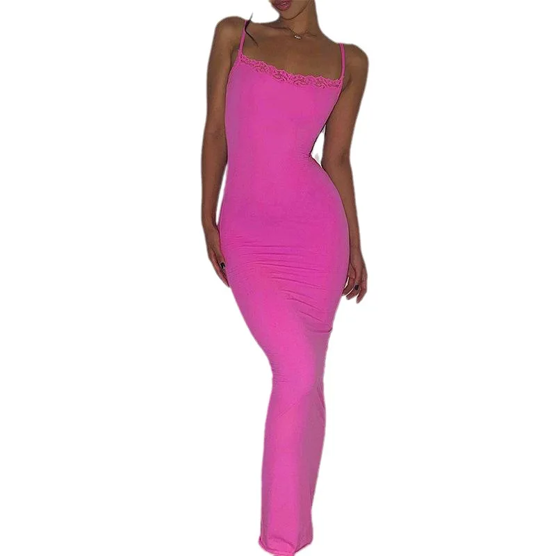 

2023 European And American Women's Summer New Solid Color Casual Lace Open Back Slim Fit Long Dress