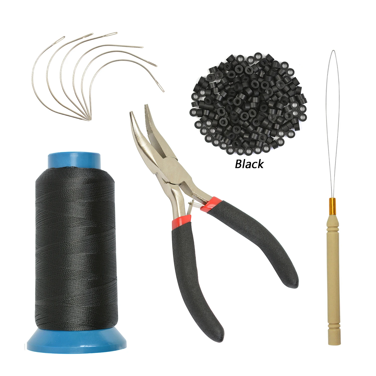 200Pcs 5.0mm Micro Silicone Rings 1Pc Hair Plier 6Pcs C Type Needles 1Roll Thread 1Pc Loop Needle for Hair Extension