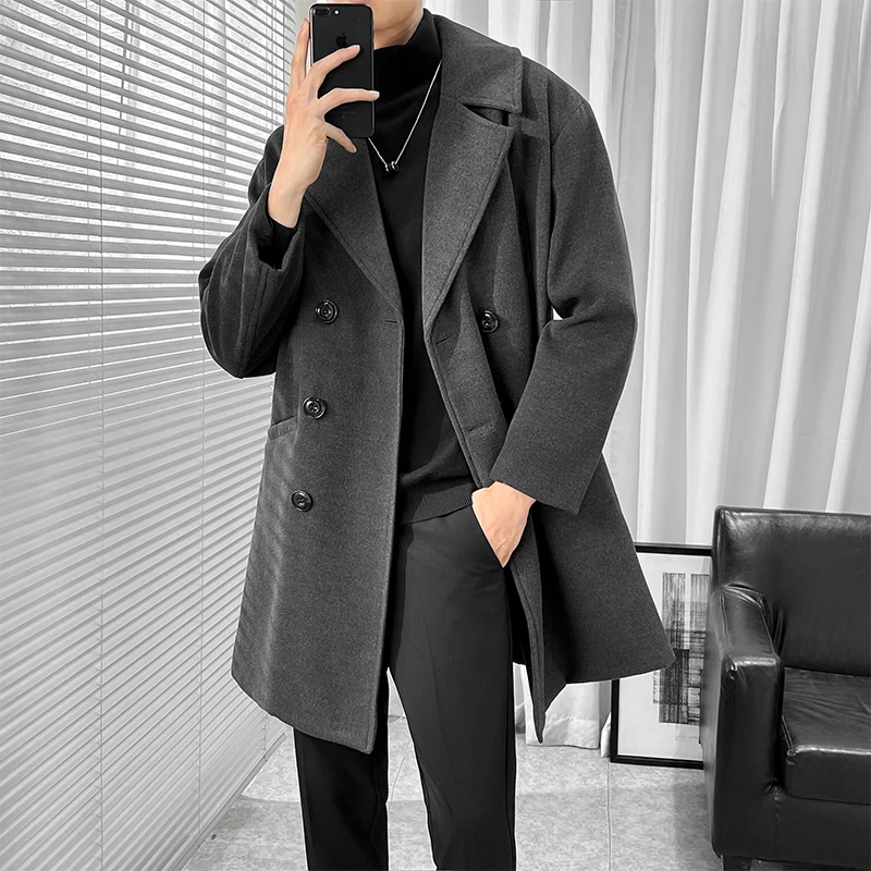 2024 Abrigo de lana de estilo coreano para hombre, gabardina de longitud media con bolsillos cuello de traje Color sólido 2024 autumn winter trench coat women abrigo mujer long elegant notched outwear female overcoat slim black trench