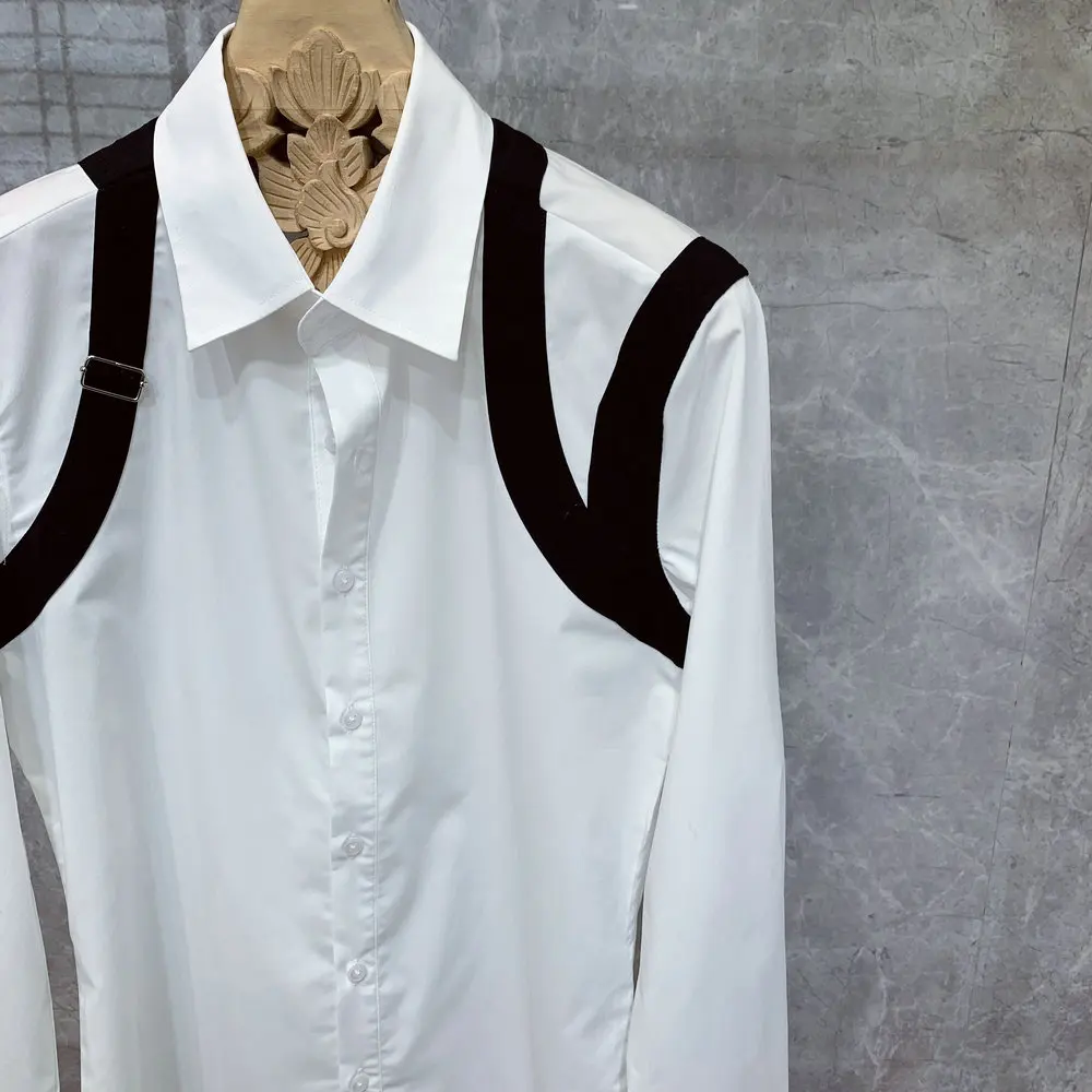 2023 New Personality Spring and Autumn Men's White Long Sleeve Shirt Men's Korean Fashion Stage Show Shirt