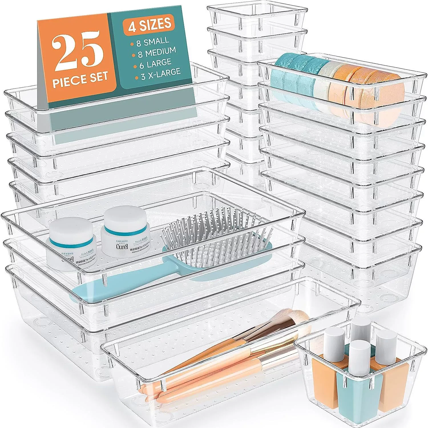 Description Picture 2 of item5Pcs Drawer Organizers Set Clear Plastic Desk Dividers Bins Bedroom Dresser Office Storage Box for Makeup Jewelries Gadgets