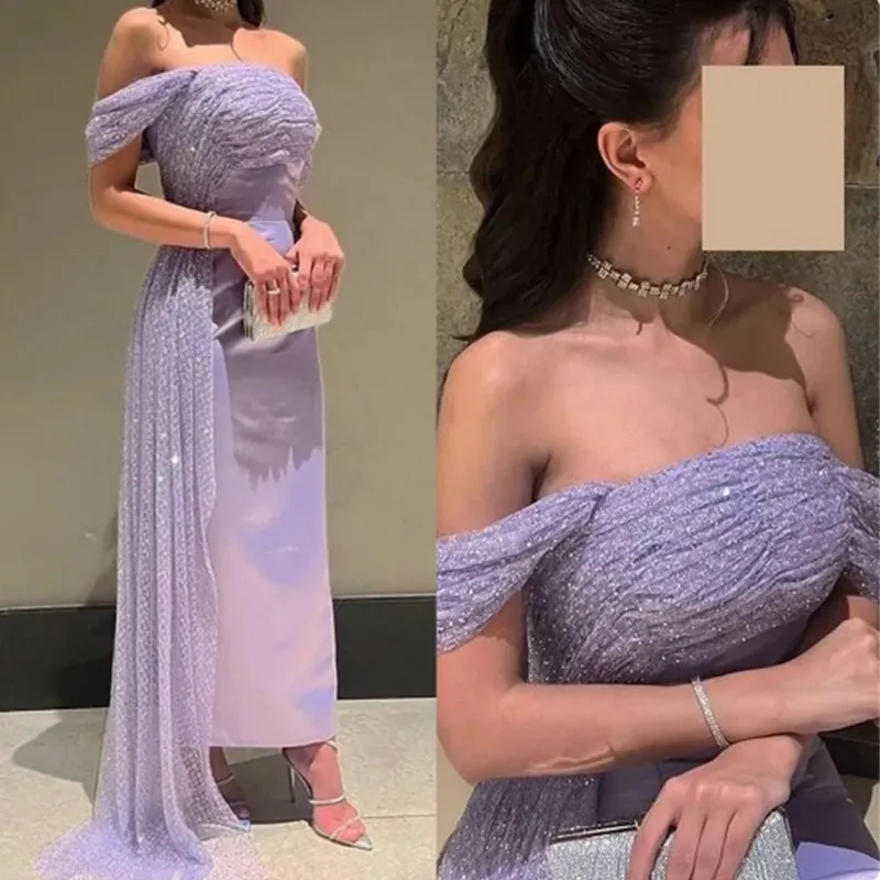 

Aleeshuo Lilac Saudi Arabia Mermaid Evening Dress Off The Shoulder Sequined Formal Women Prom Party Gowns Special Occasion Dress