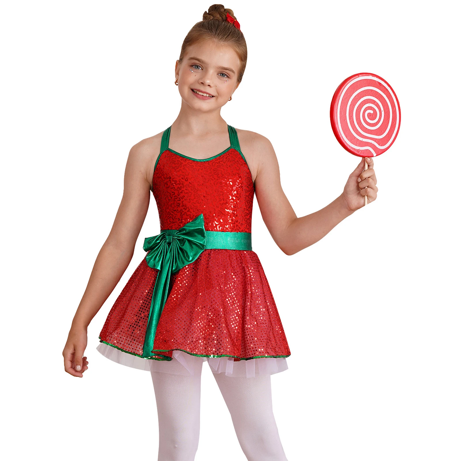 

Kids Girls Elf Xmas Christmas Cosplay Costume Ballet Skating New Year Party Dress Strappy Back Shiny Sequins Bowknot Tutu Dress