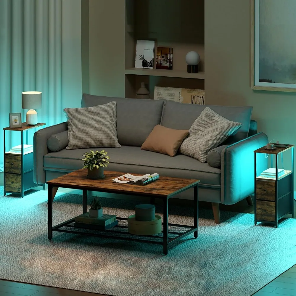 LED End Table with Charging Station, 2 Drawers, Outlets, Nightstand Set, Small Narrow Side Table for Couch, Living Room Furnitur