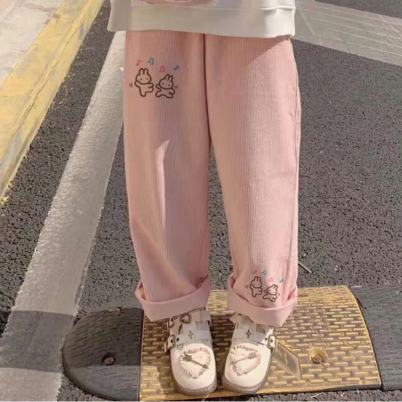 

Japanese Kawaii Cartoon Bunny Corduroy Pants Women Pink High Waist Leg Cute Loose Trousers Harajuku Streetwear Sweet Sweatpants