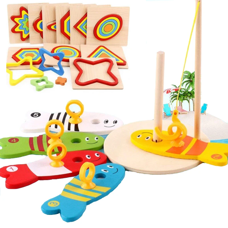 

8Pcs/Set Wooden Fishing Digital Toys Baby Fish Set Column Kids Montessori Puzzle Sorting Math Bricks Educational Game Toys