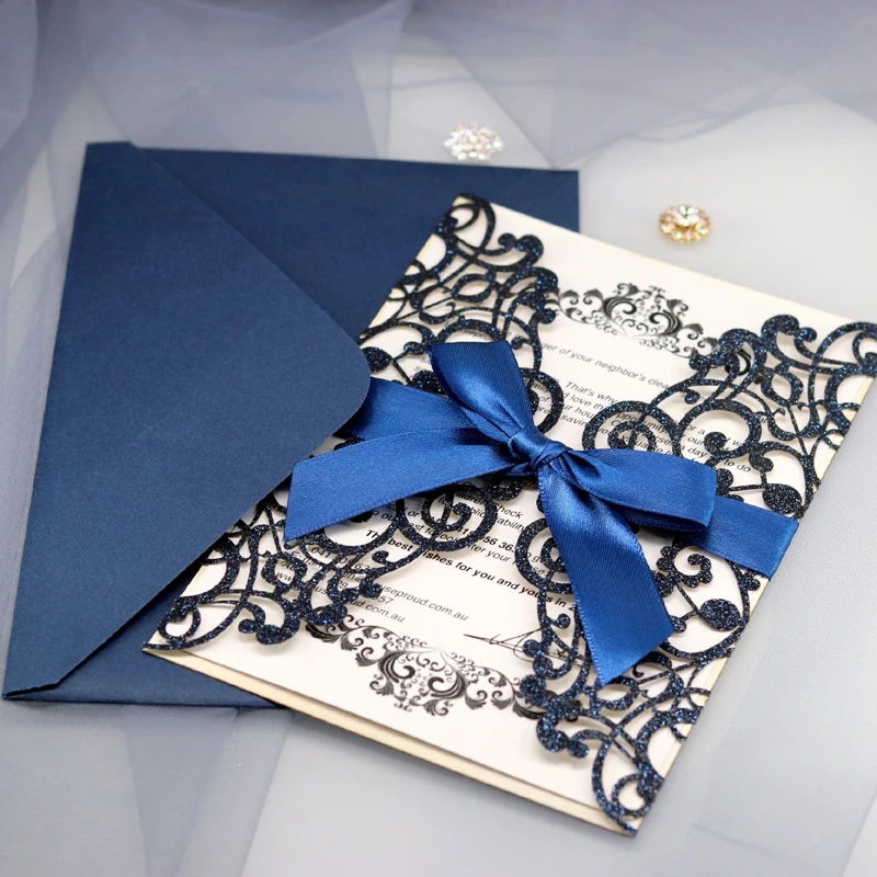 10PCS Laser Cut Blue Glitter Wedding Invitations with Ribbon – Elegant Gold Glitter Gre... - SKU LCIC0857 - UGI Packaging